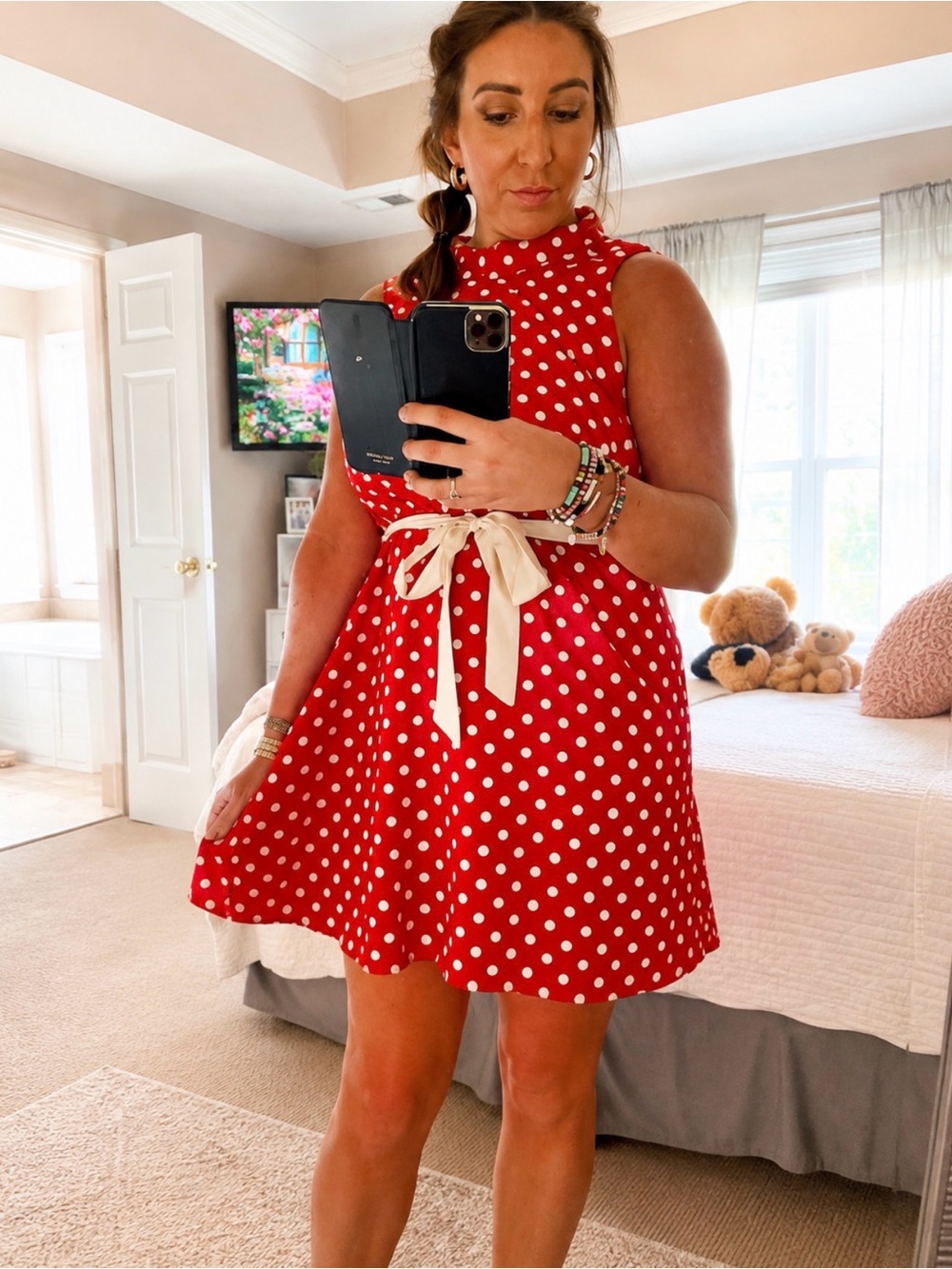 Monteau Red and White Polka Dot Dress with Tie Detail